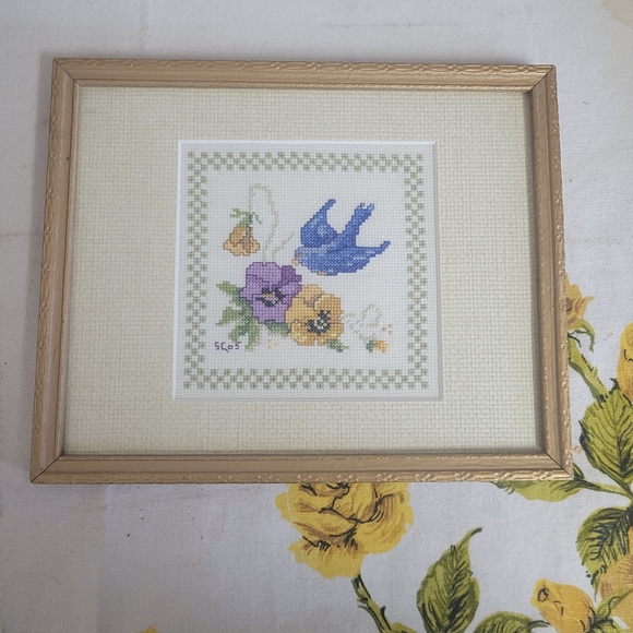 Blue Bird and Pansy Cross-stitch framed matted and under glass ready to hang - Picture 1 of 8